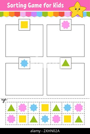 Sortierspiel. Formen und Farben. Schneiden und kleben. Arbeitsblatt zur Entwicklung von Bildungsmaßnahmen. Spiel für Kinder. Seite „Farbaktivität“. Puzzle für Kinder. Niedlicher Charakter Stock Vektor