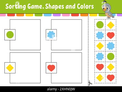 Sortierspiel. Formen und Farben. Schneiden und kleben. Arbeitsblatt zur Entwicklung von Bildungsmaßnahmen. Spiel für Kinder. Seite „Farbaktivität“. Puzzle für Kinder. Niedlicher Charakter Stock Vektor