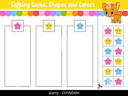 Sortierspiel. Formen und Farben. Schneiden und kleben. Arbeitsblatt zur Entwicklung von Bildungsmaßnahmen. Spiel für Kinder. Seite „Farbaktivität“. Puzzle für Kinder. Niedlicher Charakter Stock Vektor