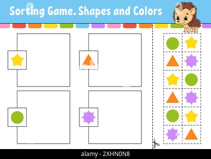 Sortierspiel. Formen und Farben. Schneiden und kleben. Arbeitsblatt zur Entwicklung von Bildungsmaßnahmen. Spiel für Kinder. Seite „Farbaktivität“. Puzzle für Kinder. Niedlicher Charakter Stock Vektor