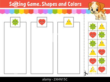 Sortierspiel. Formen und Farben. Schneiden und kleben. Arbeitsblatt zur Entwicklung von Bildungsmaßnahmen. Spiel für Kinder. Seite „Farbaktivität“. Puzzle für Kinder. Niedlicher Charakter Stock Vektor
