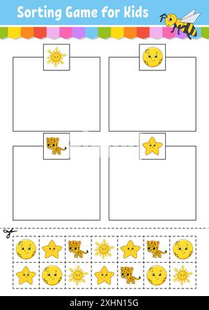 Sortierspiel. Formen und Farben. Schneiden und kleben. Arbeitsblatt zur Entwicklung von Bildungsmaßnahmen. Spiel für Kinder. Seite „Farbaktivität“. Puzzle für Kinder. Niedlicher Charakter Stock Vektor