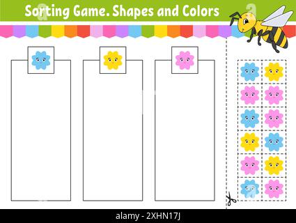 Sortierspiel. Formen und Farben. Schneiden und kleben. Arbeitsblatt zur Entwicklung von Bildungsmaßnahmen. Spiel für Kinder. Seite „Farbaktivität“. Puzzle für Kinder. Niedlicher Charakter Stock Vektor