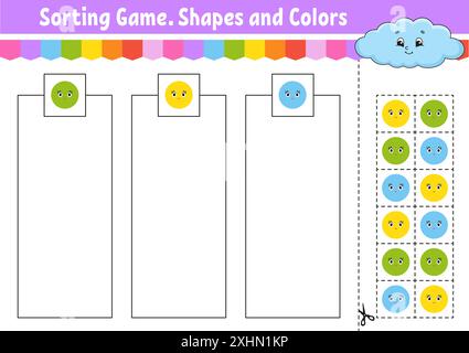 Sortierspiel. Formen und Farben. Schneiden und kleben. Arbeitsblatt zur Entwicklung von Bildungsmaßnahmen. Spiel für Kinder. Seite „Farbaktivität“. Puzzle für Kinder. Niedlicher Charakter Stock Vektor