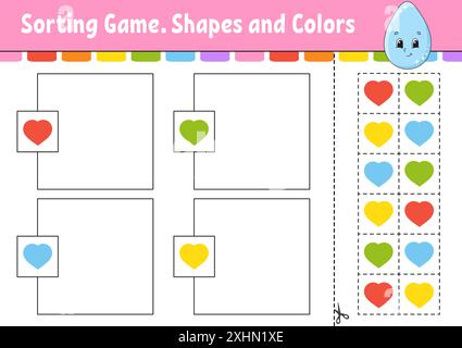 Sortierspiel. Formen und Farben. Schneiden und kleben. Arbeitsblatt zur Entwicklung von Bildungsmaßnahmen. Spiel für Kinder. Seite „Farbaktivität“. Puzzle für Kinder. Niedlicher Charakter Stock Vektor