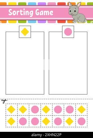 Sortierspiel für Kinder. Schneiden und kleben. Arbeitsblatt zur Entwicklung von Bildungsmaßnahmen. Passendes Spiel für Kinder. Seite „Farbaktivität“. Puzzle für Kinder. Niedlicher Charakter. Stock Vektor