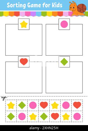 Sortierspiel für Kinder. Schneiden und kleben. Arbeitsblatt zur Entwicklung von Bildungsmaßnahmen. Passendes Spiel für Kinder. Seite „Farbaktivität“. Puzzle für Kinder. Niedlicher Charakter. Stock Vektor