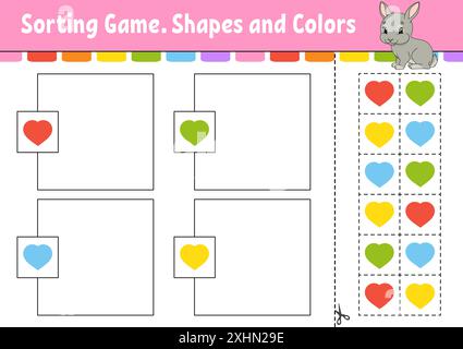 Sortierspiel. Formen und Farben. Schneiden und kleben. Arbeitsblatt zur Entwicklung von Bildungsmaßnahmen. Spiel für Kinder. Seite „Farbaktivität“. Puzzle für Kinder. Niedlicher Charakter Stock Vektor