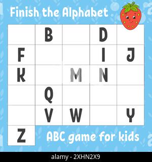 Das Alphabet fertig stellen. ABC-Spiel für Kinder. Arbeitsblatt zur Entwicklung von Schulungen. Lernspiel für Kinder. Aktivitätsseite Farbe. Stock Vektor