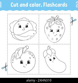 Schnitt und Farbe. Karteikarten-Set. Malbuch für Kinder. Essensthema. Niedliche Zeichentrickfigur. Schwarze Kontur. Isoliert auf weißem Hintergrund. Stock Vektor