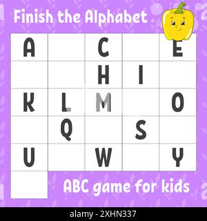 Das Alphabet fertig stellen. ABC-Spiel für Kinder. Arbeitsblatt zur Entwicklung von Schulungen. Lernspiel für Kinder. Aktivitätsseite Farbe. Stock Vektor