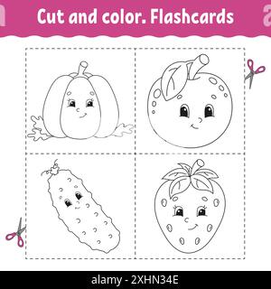 Schnitt und Farbe. Karteikarten-Set. Malbuch für Kinder. Essensthema. Niedliche Zeichentrickfigur. Schwarze Kontur. Isoliert auf weißem Hintergrund. Stock Vektor
