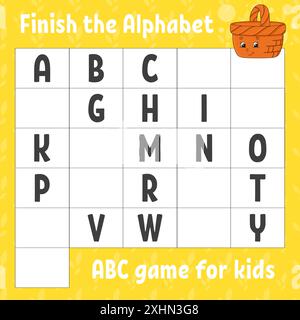 Das Alphabet fertig stellen. ABC-Spiel für Kinder. Arbeitsblatt zur Entwicklung von Schulungen. Lernspiel für Kinder. Aktivitätsseite Farbe. Stock Vektor