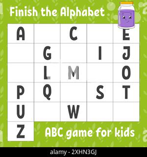 Das Alphabet fertig stellen. ABC-Spiel für Kinder. Arbeitsblatt zur Entwicklung von Schulungen. Lernspiel für Kinder. Aktivitätsseite Farbe. Stock Vektor