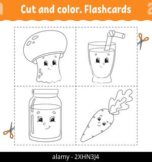 Schnitt und Farbe. Karteikarten-Set. Malbuch für Kinder. Niedliche Zeichentrickfigur. Schwarze Kontur. Isoliert auf weißem Hintergrund. Stock Vektor