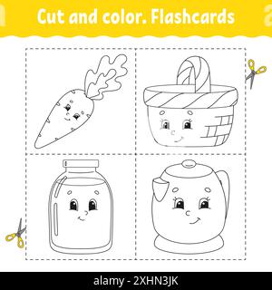 Schnitt und Farbe. Karteikarten-Set. Malbuch für Kinder. Niedliche Zeichentrickfigur. Schwarze Kontur. Isoliert auf weißem Hintergrund. Stock Vektor