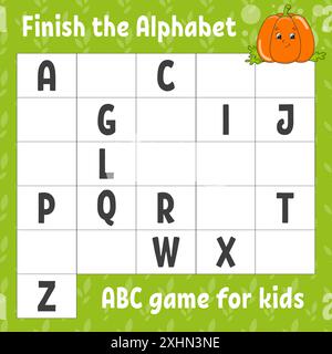 Das Alphabet fertig stellen. ABC-Spiel für Kinder. Arbeitsblatt zur Entwicklung von Schulungen. Lernspiel für Kinder. Aktivitätsseite Farbe. Stock Vektor