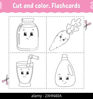 Schnitt und Farbe. Karteikarten-Set. Malbuch für Kinder. Niedliche Zeichentrickfigur. Schwarze Kontur. Isoliert auf weißem Hintergrund. Stock Vektor