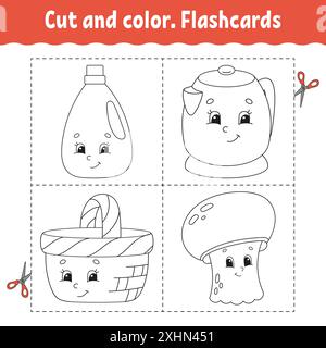 Schnitt und Farbe. Karteikarten-Set. Malbuch für Kinder. Niedliche Zeichentrickfigur. Schwarze Kontur. Isoliert auf weißem Hintergrund. Stock Vektor