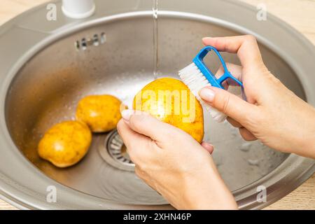 Die Hausfrau wäscht frische Kartoffeln in der Küchenspüle Stockfoto