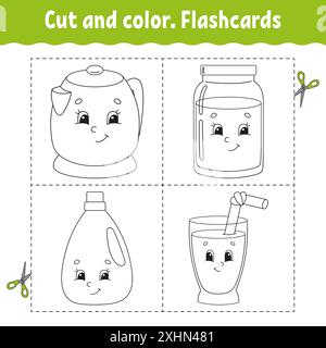 Schnitt und Farbe. Karteikarten-Set. Malbuch für Kinder. Niedliche Zeichentrickfigur. Schwarze Kontur. Isoliert auf weißem Hintergrund. Stock Vektor