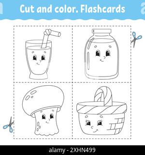 Schnitt und Farbe. Karteikarten-Set. Malbuch für Kinder. Niedliche Zeichentrickfigur. Schwarze Kontur. Isoliert auf weißem Hintergrund. Stock Vektor