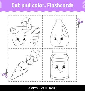Schnitt und Farbe. Karteikarten-Set. Malbuch für Kinder. Niedliche Zeichentrickfigur. Schwarze Kontur. Isoliert auf weißem Hintergrund. Stock Vektor