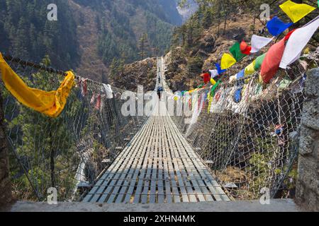 Hängebrücke über den Abgrund mit bunten Fahnen in nepal in grünen Wäldern und Hügeln. Stockfoto