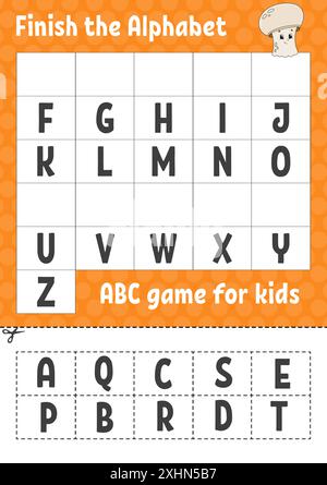 Das Alphabet fertig stellen. ABC-Spiel für Kinder. Schneiden und kleben. Arbeitsblatt zur Entwicklung von Schulungen. Lernspiel für Kinder. Aktivitätsseite Farbe. Stock Vektor