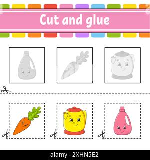 Schneiden und kleben. Spiel für Kinder. Arbeitsblatt zur Entwicklung von Bildungsmaßnahmen. Seite „Farbaktivität“. Zeichentrickfigur. Stock Vektor