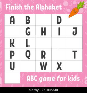Das Alphabet fertig stellen. ABC-Spiel für Kinder. Arbeitsblatt zur Entwicklung von Schulungen. Lernspiel für Kinder. Aktivitätsseite Farbe. Stock Vektor