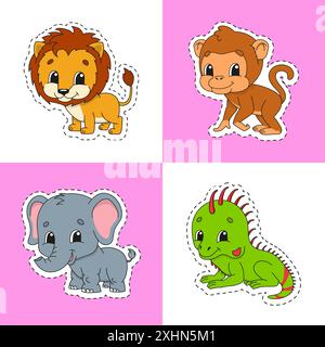 Set mit bunten Aufklebern für Kinder. Tiermotiv. Niedliche Zeichentrickfiguren. Vektorabbildung isoliert auf farbigem Hintergrund. Stock Vektor