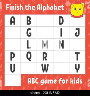 Das Alphabet fertig stellen. ABC-Spiel für Kinder. Arbeitsblatt zur Entwicklung von Schulungen. Lernspiel für Kinder. Aktivitätsseite Farbe. Stock Vektor