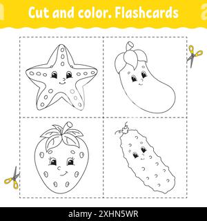 Schnitt und Farbe. Karteikarten-Set. Malbuch für Kinder. Essensthema. Niedliche Zeichentrickfigur. Schwarze Kontur. Isoliert auf weißem Hintergrund. Stock Vektor