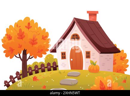 Niedliches Herbsthaus. Herbstlandschaft, Landschaft, Herbststimmung. Rustikale Häuser, gemütliche Hütten Illustration. Zeichentrickvektor Handzeichnung Stock Vektor