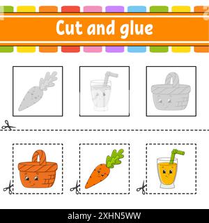 Schneiden und kleben. Spiel für Kinder. Arbeitsblatt zur Entwicklung von Bildungsmaßnahmen. Seite „Farbaktivität“. Zeichentrickfigur. Stock Vektor