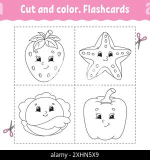 Schnitt und Farbe. Karteikarten-Set. Malbuch für Kinder. Essensthema. Niedliche Zeichentrickfigur. Schwarze Kontur. Isoliert auf weißem Hintergrund. Stock Vektor