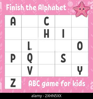 Das Alphabet fertig stellen. ABC-Spiel für Kinder. Arbeitsblatt zur Entwicklung von Schulungen. Lernspiel für Kinder. Aktivitätsseite Farbe. Stock Vektor