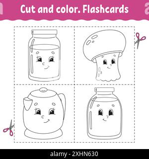 Schnitt und Farbe. Karteikarten-Set. Malbuch für Kinder. Niedliche Zeichentrickfigur. Schwarze Kontur. Isoliert auf weißem Hintergrund. Stock Vektor