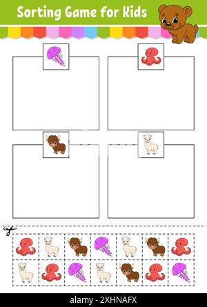 Sortierspiel für Kinder. Schneiden und kleben. Arbeitsblatt zur Entwicklung von Bildungsmaßnahmen. Passendes Spiel für Kinder. Seite „Farbaktivität“. Puzzle für Kinder. Niedlicher Charakter. Stock Vektor