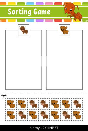 Sortierspiel für Kinder. Schneiden und kleben. Arbeitsblatt zur Entwicklung von Bildungsmaßnahmen. Passendes Spiel für Kinder. Seite „Farbaktivität“. Puzzle für Kinder. Niedlicher Charakter. Stock Vektor