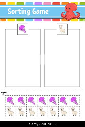 Sortierspiel für Kinder. Schneiden und kleben. Arbeitsblatt zur Entwicklung von Bildungsmaßnahmen. Passendes Spiel für Kinder. Seite „Farbaktivität“. Puzzle für Kinder. Niedlicher Charakter. Stock Vektor