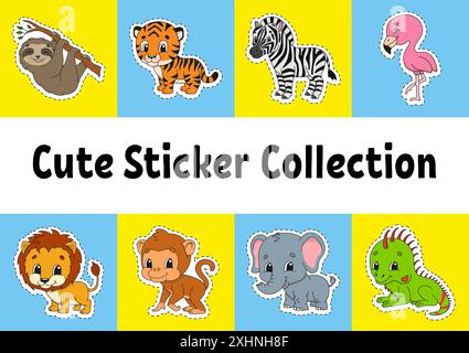 Set mit bunten Aufklebern für Kinder. Tiermotiv. Niedliche Zeichentrickfiguren. Vektorabbildung isoliert auf farbigem Hintergrund. Stock Vektor