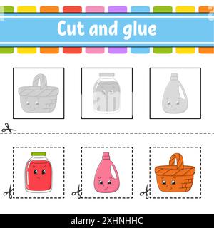 Schneiden und kleben. Spiel für Kinder. Arbeitsblatt zur Entwicklung von Bildungsmaßnahmen. Seite „Farbaktivität“. Zeichentrickfigur. Stock Vektor