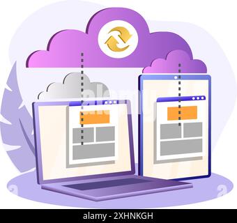 Cloud-Computing zur Synchronisierung von Daten zwischen Notebook und Tablet Stock Vektor