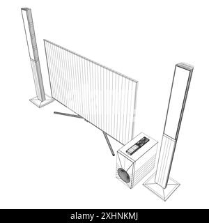 Wireframe TV Home Entertainment-System mit Sound-Lautsprecherdesign. Lautsprecher und Fernseher, tv-Symbol in schwarzer, flacher Glyphe, Umrissstil isoliert auf weißem Hintergrund Stock Vektor