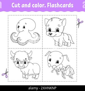 Schnitt und Farbe. Karteikarten-Set. Malbuch für Kinder. Niedliche Zeichentrickfigur. Schwarze Kontur. Isoliert auf weißem Hintergrund. Vektorillustrat Stock Vektor