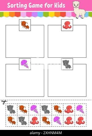 Sortierspiel für Kinder. Schneiden und kleben. Arbeitsblatt zur Entwicklung von Bildungsmaßnahmen. Passendes Spiel für Kinder. Seite „Farbaktivität“. Puzzle für Kinder. Niedlicher Charakter. Stock Vektor