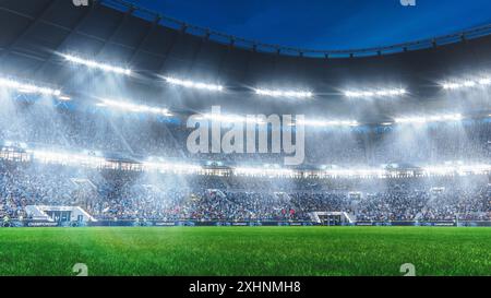 Aesthetic Shot of Empty Soccer Football Stadium With Crowd Of Fans Cheering in Excitement Before the Match. Lights Are Shining on The Sports Arena Grass Field, Supporters Waiting For the Final Game Stockfoto