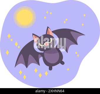 Niedliche lila Fledermaus, die nachts mit Vollmond fliegen, halloween Illustration Stock Vektor